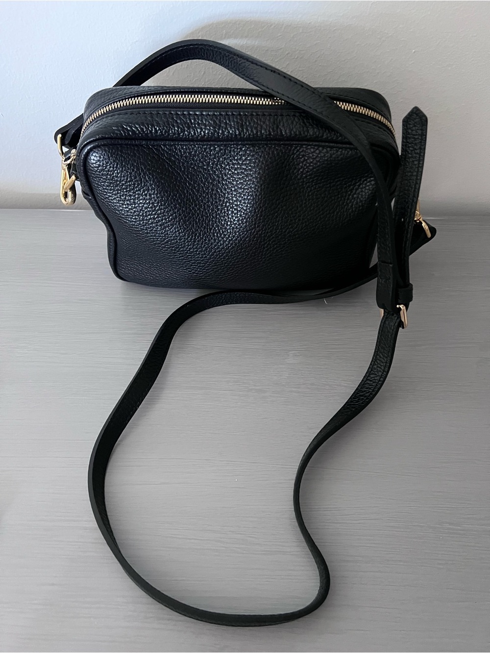 Quince Black Pebble Leather Crossbody Bag with Gold Hardware